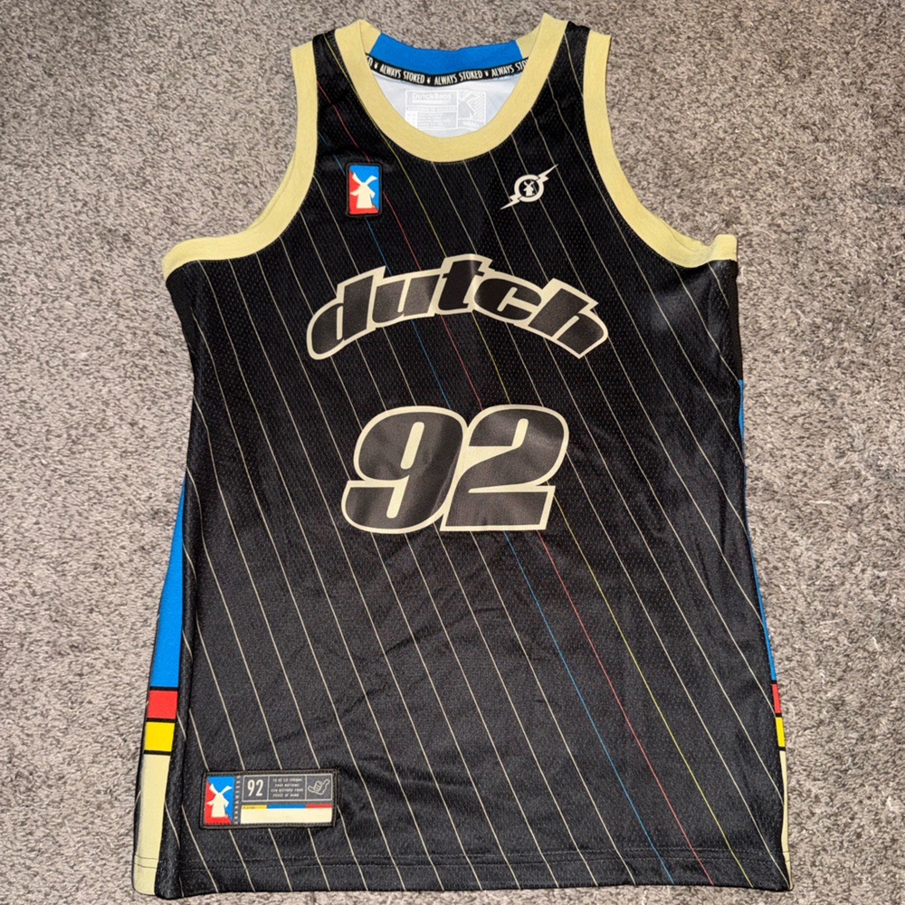 Dutch Bros Black Pinstripe '92 Basketball Jersey with Yellow Trim